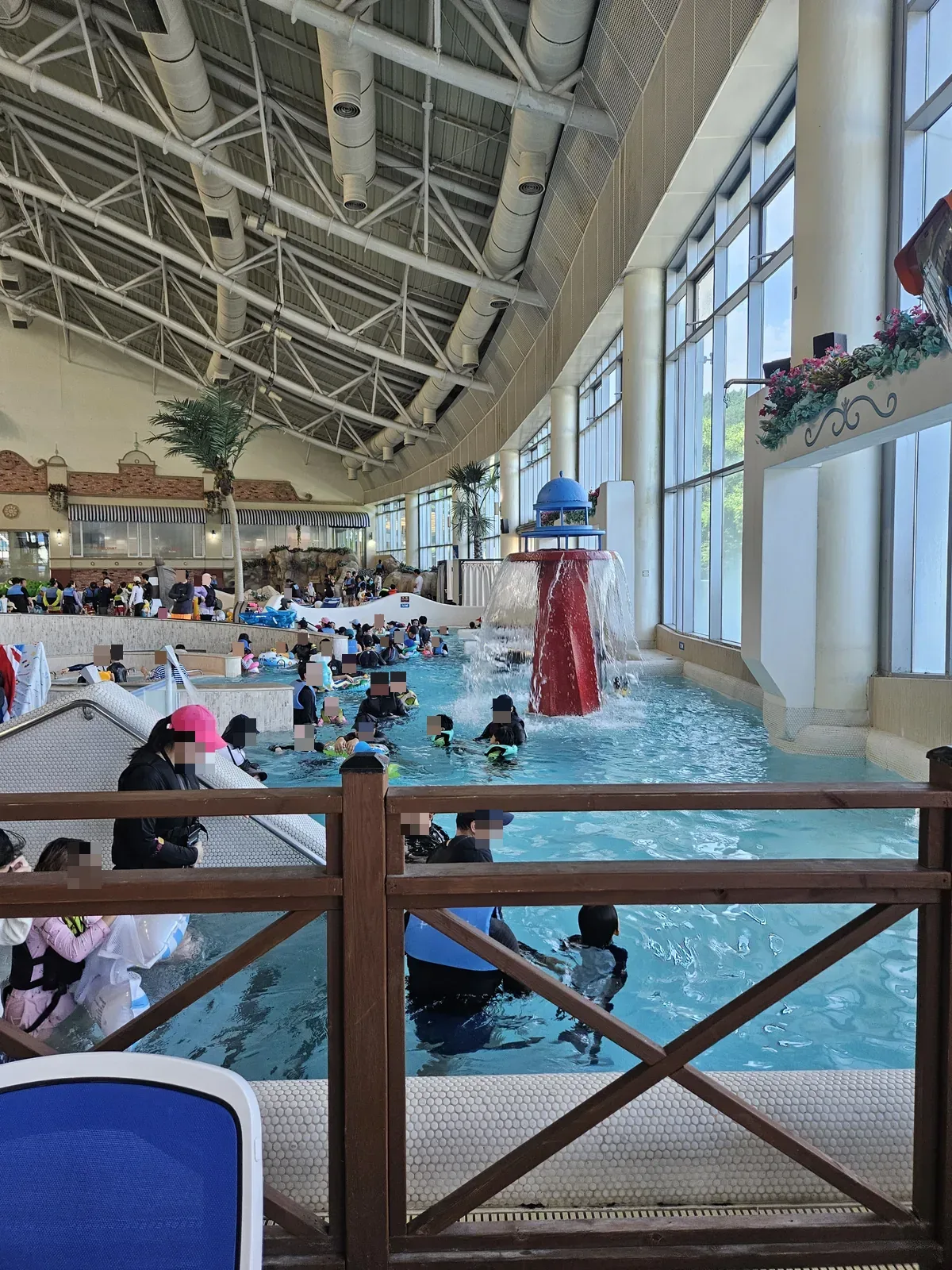 The mushroom-fountain pool — pure toddler territory