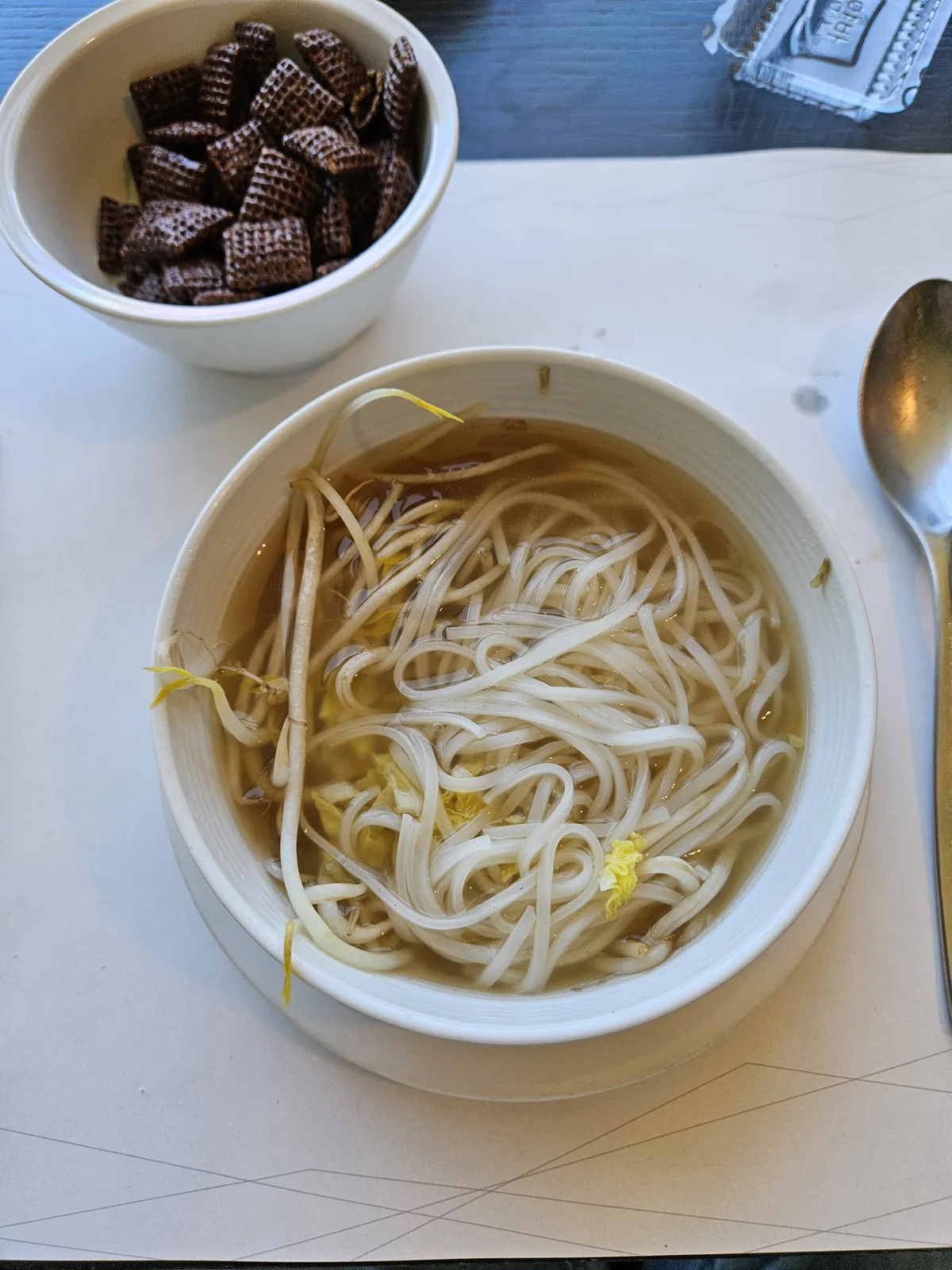 A light rice-noodle soup — and yes, chocolate cereal