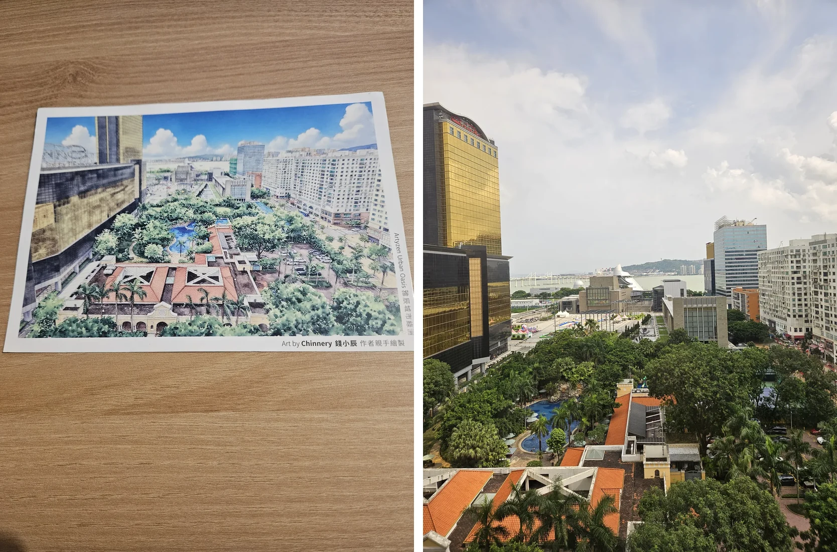 The postcard on the left, the window on the right — same roofs, same trees, same angle