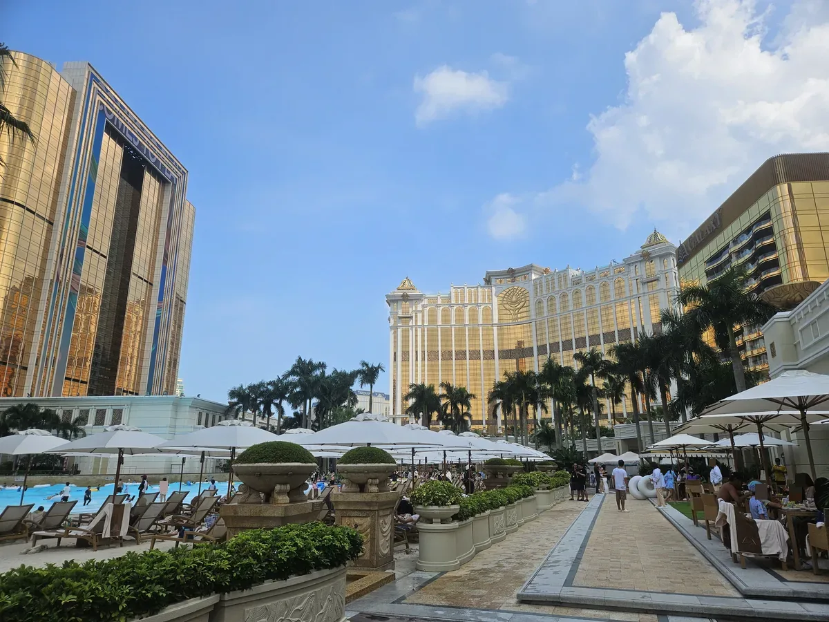 The Grand Resort Deck — wave pool, cabanas, and Galaxy's towers behind
