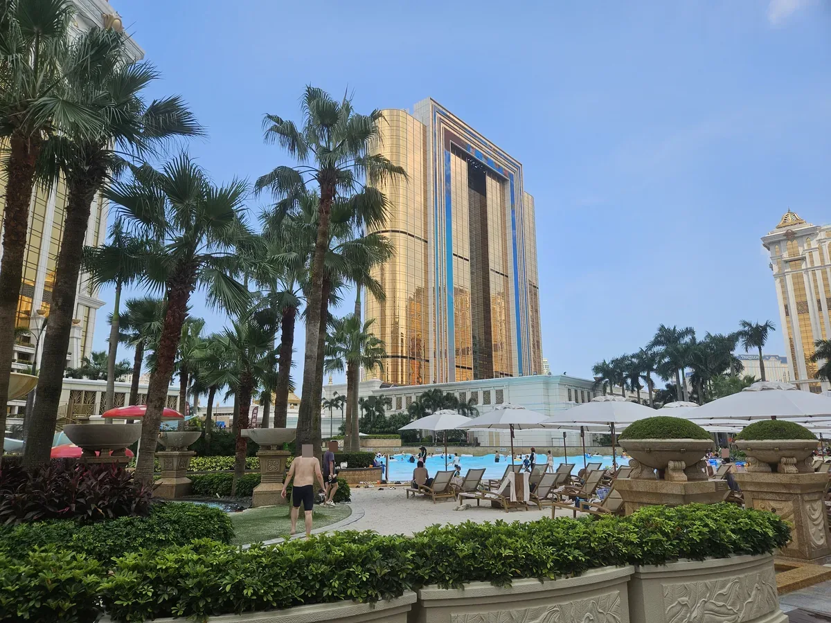 Loungers and cabanas along the water