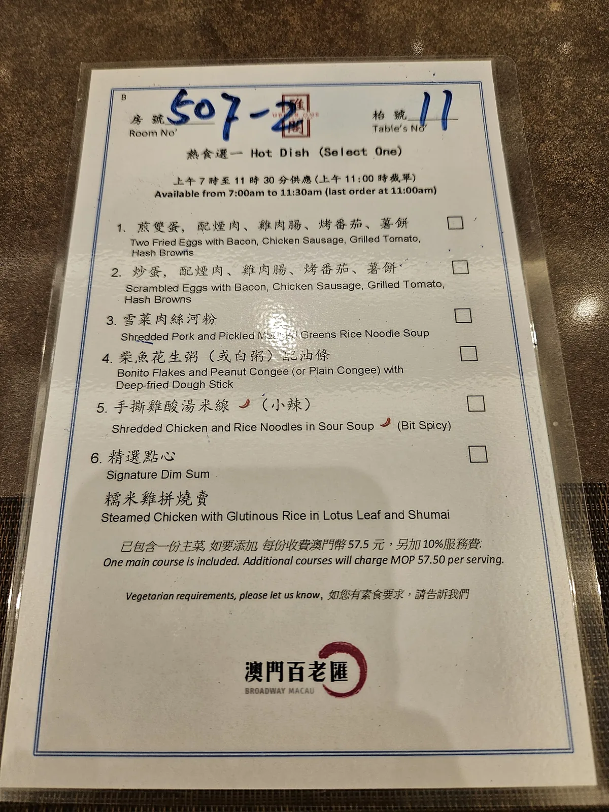 The main-dish menu — one pick per person