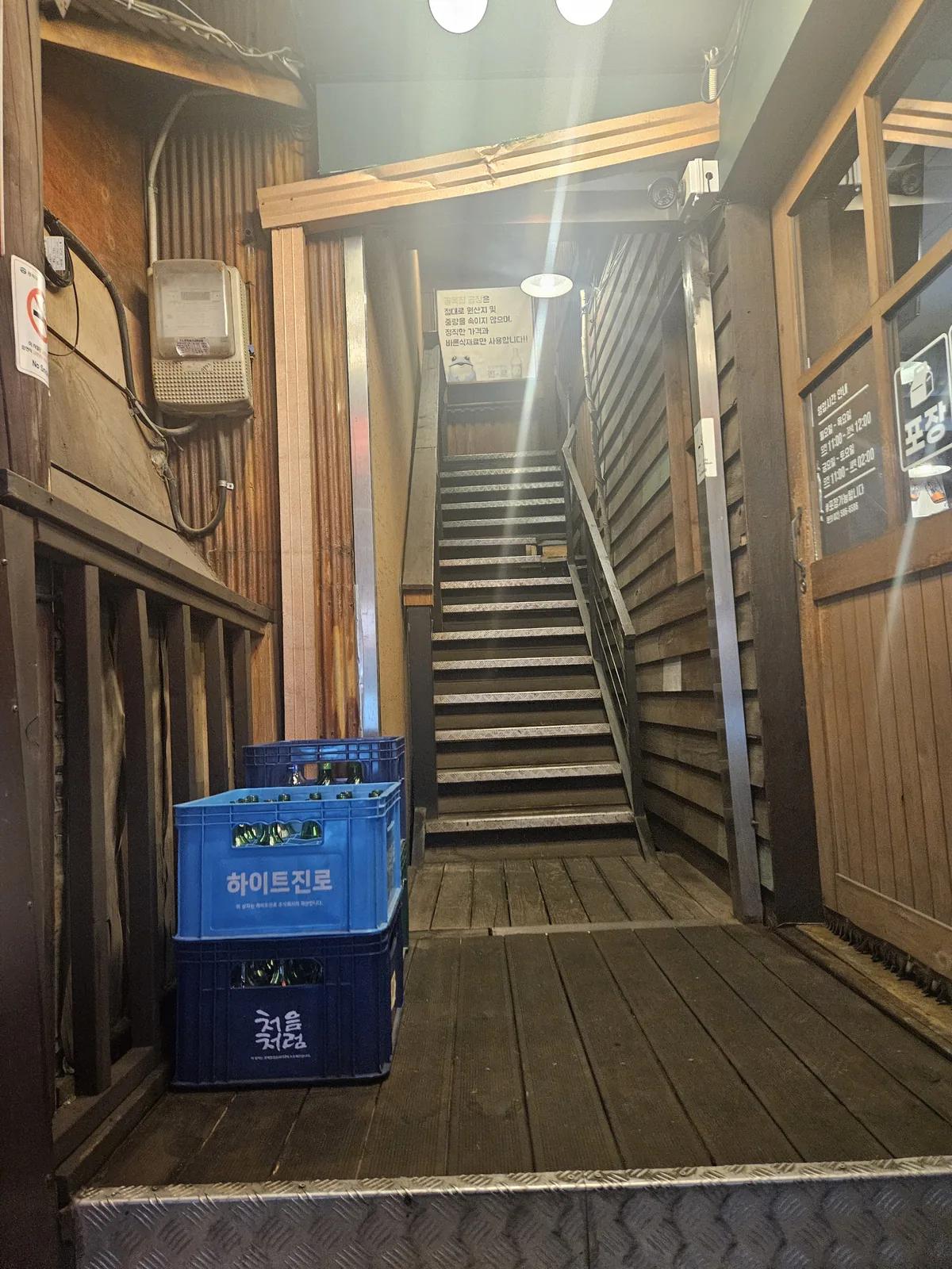 The stairs up to the second floor — go up if the ground floor is packed